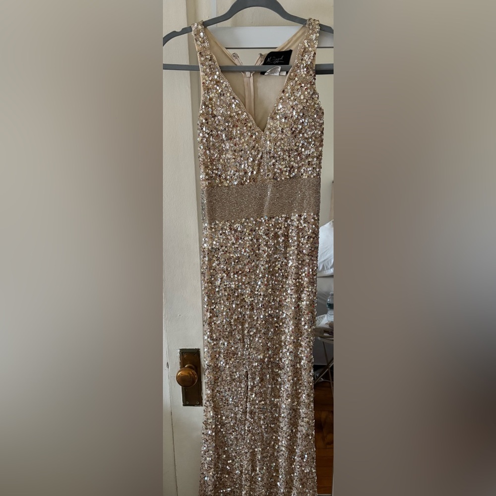 Mac Duggal Nude Sequence gown with side slit
